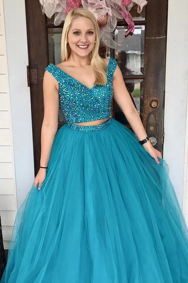 Two Piece Turquoise Beaded A Line Tulle Prom Dress PFP1398
