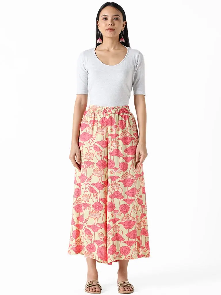 Utsa Pink & Beige Printed Floral Lotus Palazzos