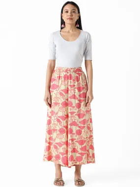 Utsa Pink & Beige Printed Floral Lotus Palazzos