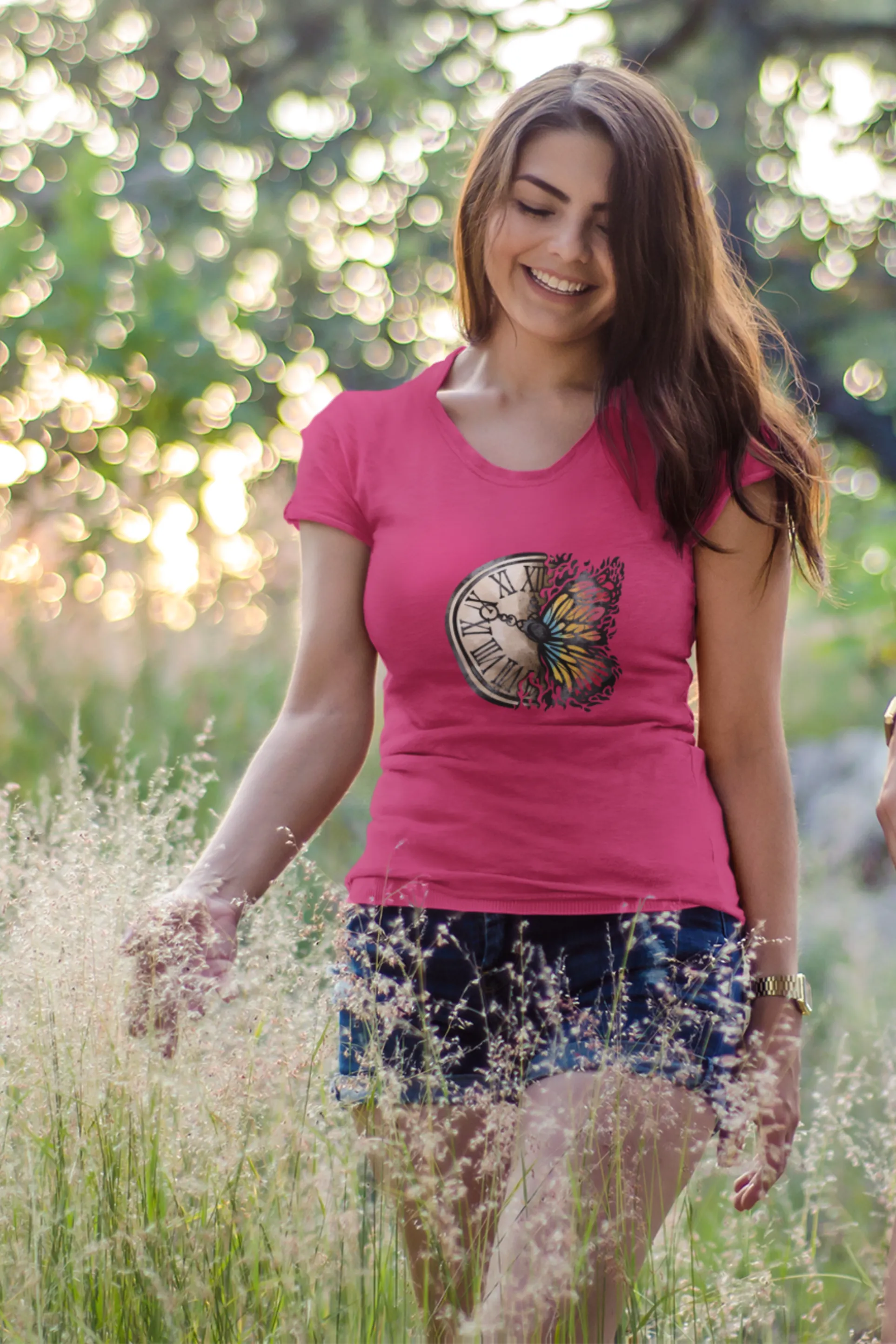 Vintage Clock Printed Scoop Neck T-shirt for women