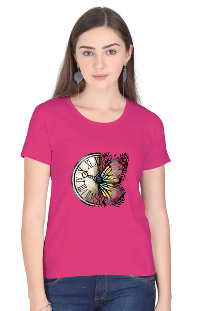 Vintage Clock Printed Scoop Neck T-shirt for women