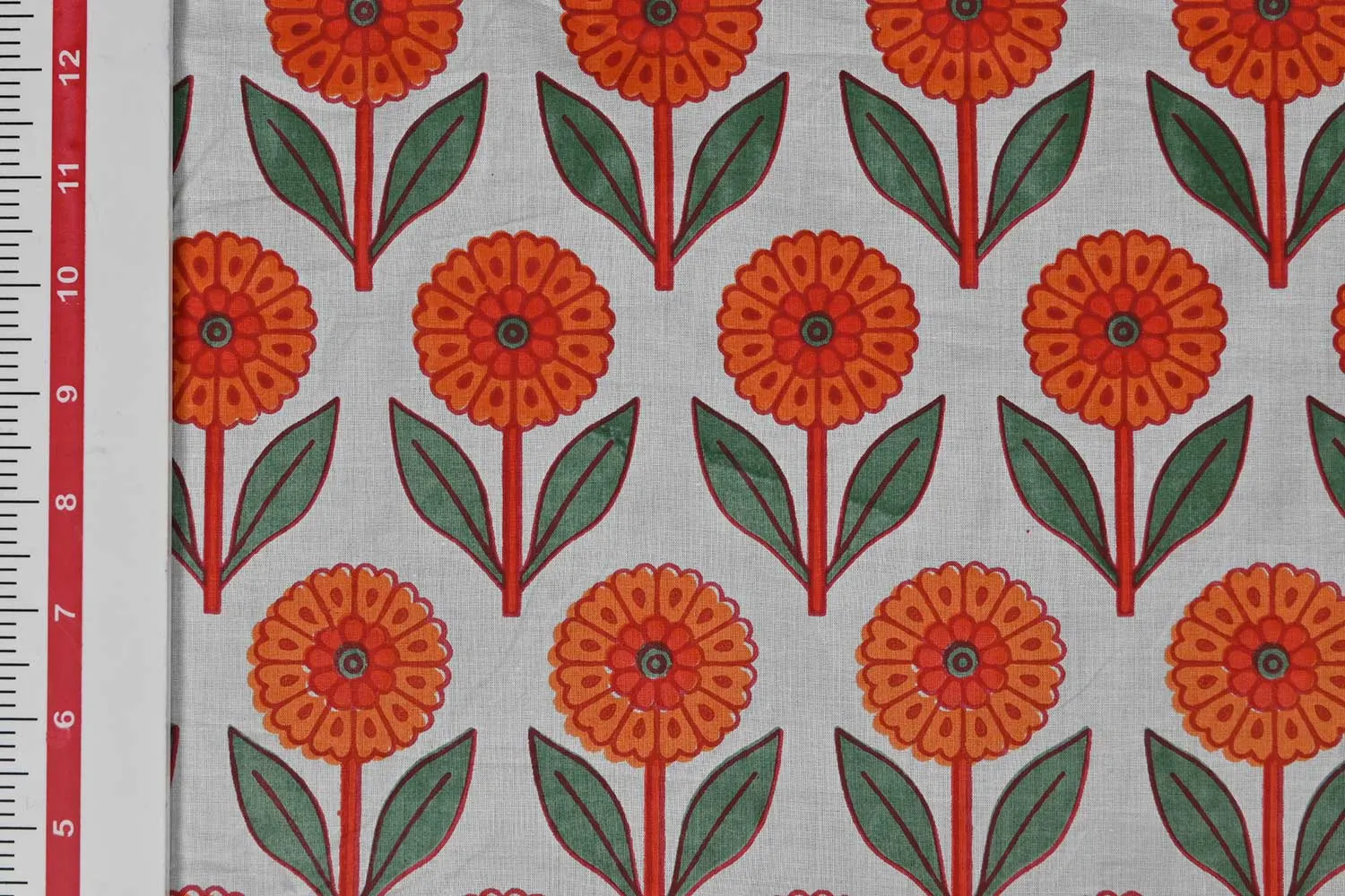 White and Orange Floral Cotton Cambric Fabric